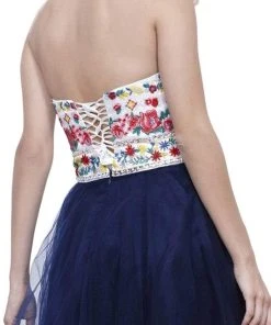 Nox Anabel - 6249 Embroidered Laced Up Tulle Cocktail Dress