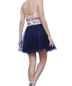 Nox Anabel - 6249 Embroidered Laced Up Tulle Cocktail Dress