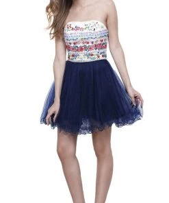 Nox Anabel - 6249 Embroidered Laced Up Tulle Cocktail Dress