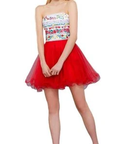 Nox Anabel - 6249 Embroidered Laced Up Tulle Cocktail Dress