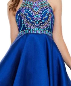 Nox Anabel - 6251 Bejeweled Illusion Halter Satin Dress Cocktail Dresses