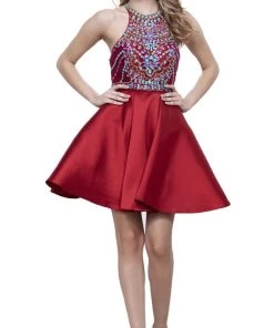 Nox Anabel - 6251 Bejeweled Illusion Halter Satin Dress Cocktail Dresses