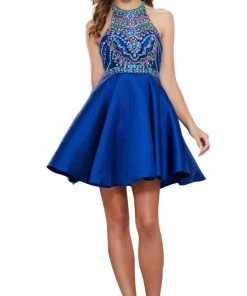 Nox Anabel - 6251 Bejeweled Illusion Halter Satin Dress Cocktail Dresses