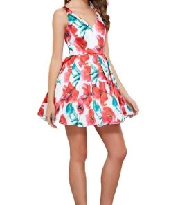 Nox Anabel - 6286 V-Neckline Floral Print A-Line Cocktail Dress Cocktail Dresses