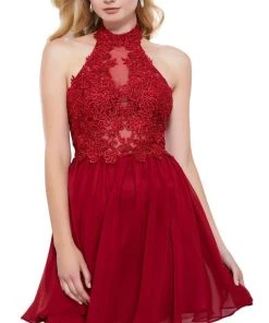 Nox Anabel - 6308 Ornate Lace Appliqued Illusion Halter Dress 16 Nox Anabel - 6308 Ornate Lace Appliqued Illusion Halter Dress