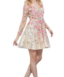 Nox Anabel - 6311 Long Sleeves Floral Embellished Cocktail Dress Cocktail Dresses