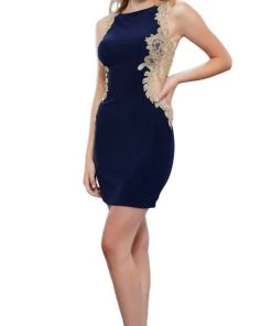 Nox Anabel - 6312 Gilded Bateau Neck Sheath Cocktail Dress