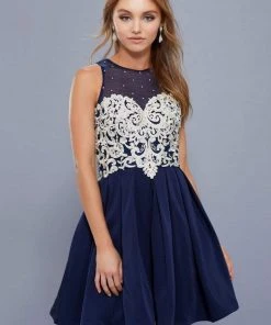 Cocktail Dresses Nox Anabel - 6338 Metallic Appliqued Illusion Jewel A-Line Dress