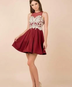 Cocktail Dresses Nox Anabel - 6338 Metallic Appliqued Illusion Jewel A-Line Dress