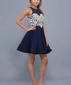 Cocktail Dresses Nox Anabel - 6338 Metallic Appliqued Illusion Jewel A-Line Dress