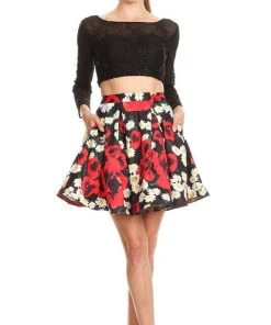 Cocktail Dresses Nox Anabel - 6339 Long Sleeved Two-Piece Floral Party Cocktail Dress