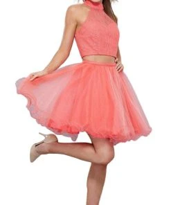 Cocktail Dresses Nox Anabel - 6354 Lace Illusion High Halter A-line Dress