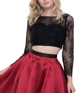 Nox Anabel - 6371 Two Piece Lace Long Sleeves Cocktail Dress Cocktail Dresses