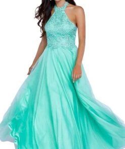 Nox Anabel - 8181 Lace Embroidered Bodice Halter Long Gown Formal Gowns