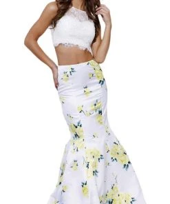 Nox Anabel - 8208 Two Piece Laced Jewel Floral Trumpet Evening Gown