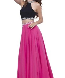 Nox Anabel - 8214 Two-Piece Bedazzled Halter Neck A-line Dress Formal Gowns