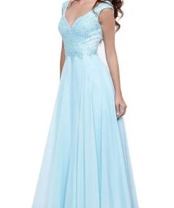 Formal Gowns Nox Anabel - 8302 Adorned Lace Bodice Sleeveless Chiffon Dress