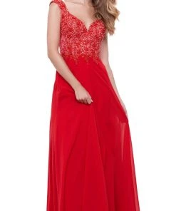 Formal Gowns Nox Anabel - 8302 Adorned Lace Bodice Sleeveless Chiffon Dress