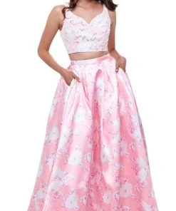 Nox Anabel - 8312 Two-Piece Wide V-Neckline Floral A-line Evening Gown