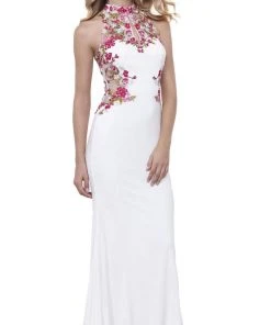 Nox Anabel - 8322 Floral Embroidered Halter Jersey Evening Dress Formal Gowns