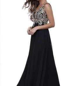 Formal Gowns Nox Anabel - 8343 Sleeveless Beaded V Neck Lace Bodice Long Gown