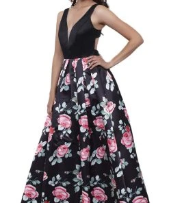 Nox Anabel - 8351 Sleeveless Deep V-Neck Floral Evening Dress