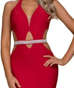 Nox Anabel - A046 Plunging Halter Embellished Sheath Dress
