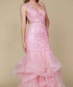 Nox Anabel - A059 Beaded Lace Ruffled Mermaid Dress Formal Gowns