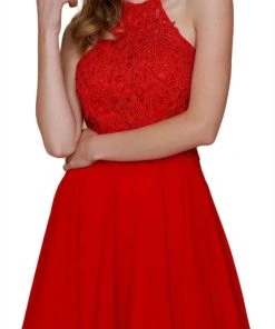 Nox Anabel - A615 Embroidered Halter Neck Chiffon A-line Dress Cocktail Dresses