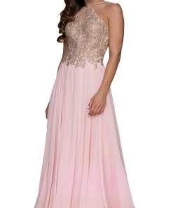 Nox Anabel - B084 Gilded Lace Cutout Halter Chiffon Evening Gown