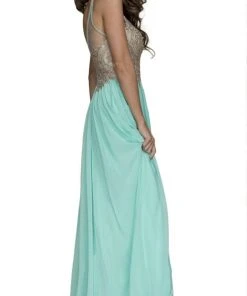 Nox Anabel - B084 Gilded Lace Cutout Halter Chiffon Evening Gown 10 Nox Anabel - B084 Gilded Lace Cutout Halter Chiffon Evening Gown