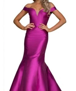 Nox Anabel - C004 Plunge Detailed Off Shoulder Mikado Trumpet Evening Gown