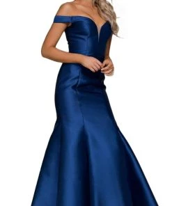 Nox Anabel - C004 Plunge Detailed Off Shoulder Mikado Trumpet Evening Gown