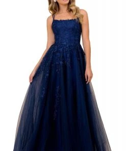 Nox Anabel - C415 Sleeveless Floral Embellishments Long Gown - 1 Pc Navy Blue In Size 10 Available