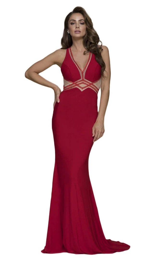 Formal Gowns Nox Anabel - E037 Deep V-Neck Racerback Sheath Evening Gown 8 Formal Gowns Nox Anabel - E037 Deep V-Neck Racerback Sheath Evening Gown
