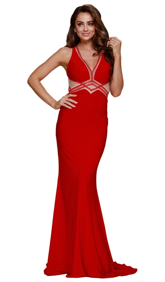 Formal Gowns Nox Anabel - E037 Deep V-Neck Racerback Sheath Evening Gown 3 Formal Gowns Nox Anabel - E037 Deep V-Neck Racerback Sheath Evening Gown