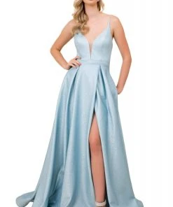 Nox Anabel - E379 Illusion Deep V Neck Glitter Knit Ballgown Formal Gowns