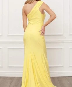Long Dresses Nox Anabel - E440 Pleated One-Shoulder Neckline High Slit Mermaid Gown