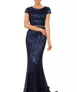 Nox Anabel - F338 Cap Sleeve Sequined Mermaid Gown Formal Gowns