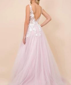 Nox Anabel - F339 Floral Appliqued Illusion Bodice A-Line Tulle Gown Formal Gowns