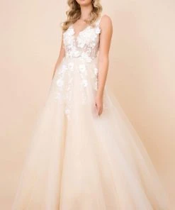 Nox Anabel - F339 Floral Appliqued Illusion Bodice A-Line Tulle Gown Formal Gowns