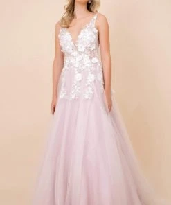 Nox Anabel - F339 Floral Appliqued Illusion Bodice A-Line Tulle Gown Formal Gowns
