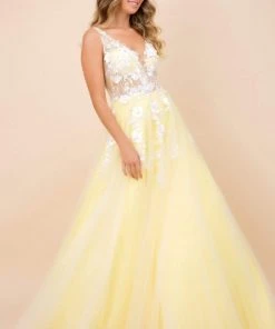 Nox Anabel - F339 Floral Appliqued Illusion Bodice A-Line Tulle Gown Formal Gowns