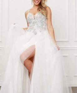 Formal Gowns Nox Anabel - G445 V Neck A-Line Dress With Side Slit