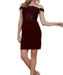 Nox Anabel - G653 Appliqued Illusion Off Shoulder Sheath Dress Cocktail Dresses