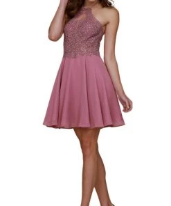 Nox Anabel - G657 Applique Halter Neck A-line Dress