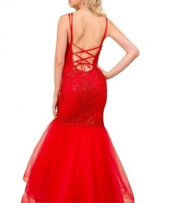 Nox Anabel - H399 Crisscross Back Beaded Trumpet Gown 9 Nox Anabel - H399 Crisscross Back Beaded Trumpet Gown