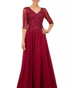 Nox Anabel - H537 Beaded Quarter Sleeve Chiffon A-Line Dress