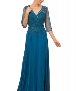 Nox Anabel - H537 Beaded Quarter Sleeve Chiffon A-Line Dress