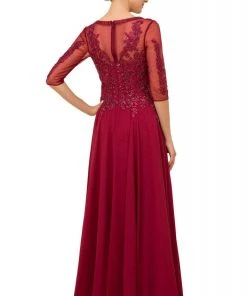 Nox Anabel - H537 Beaded Quarter Sleeve Chiffon A-Line Dress